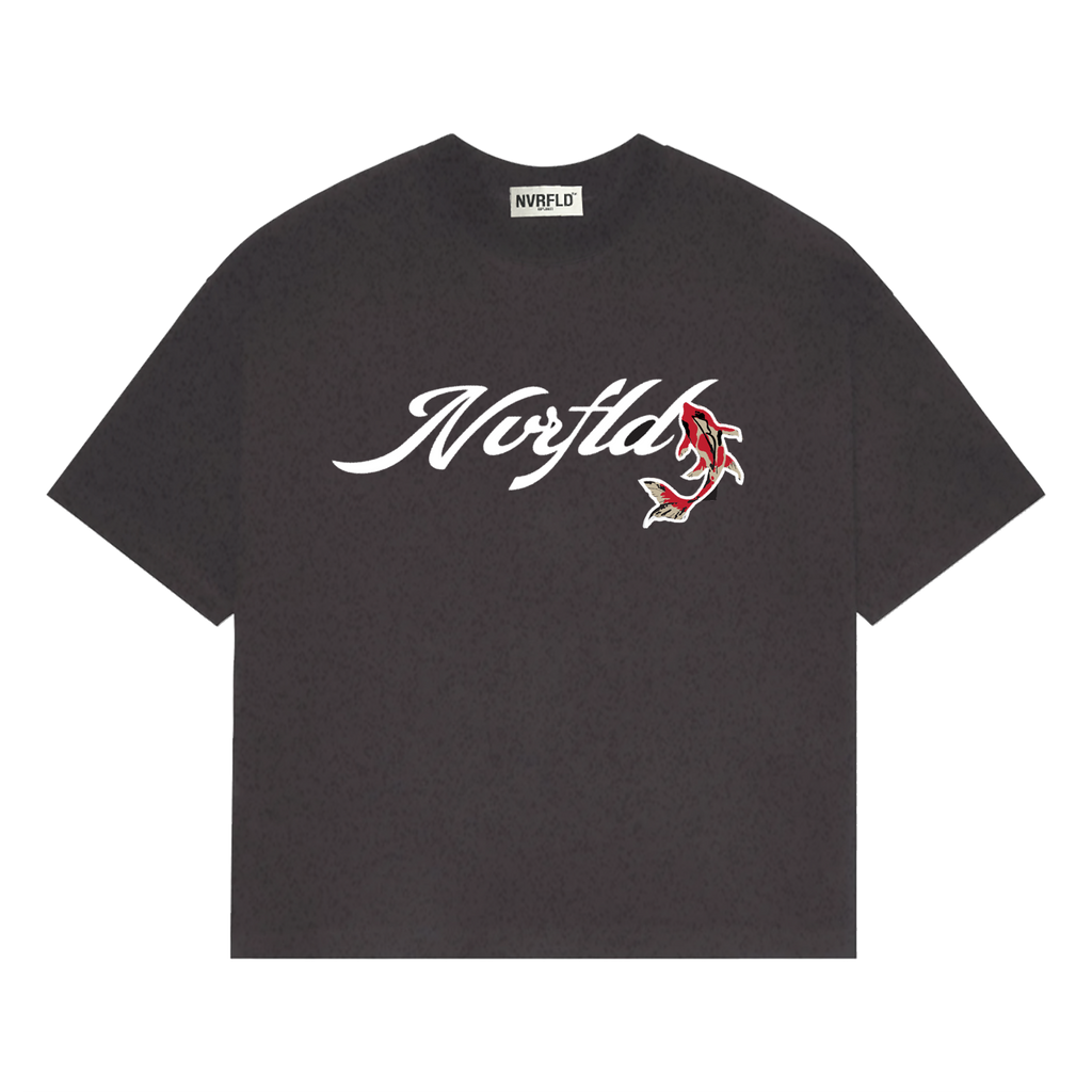 NVRFLD black artistic tee with unique design featuring white script logo and red graphic detail