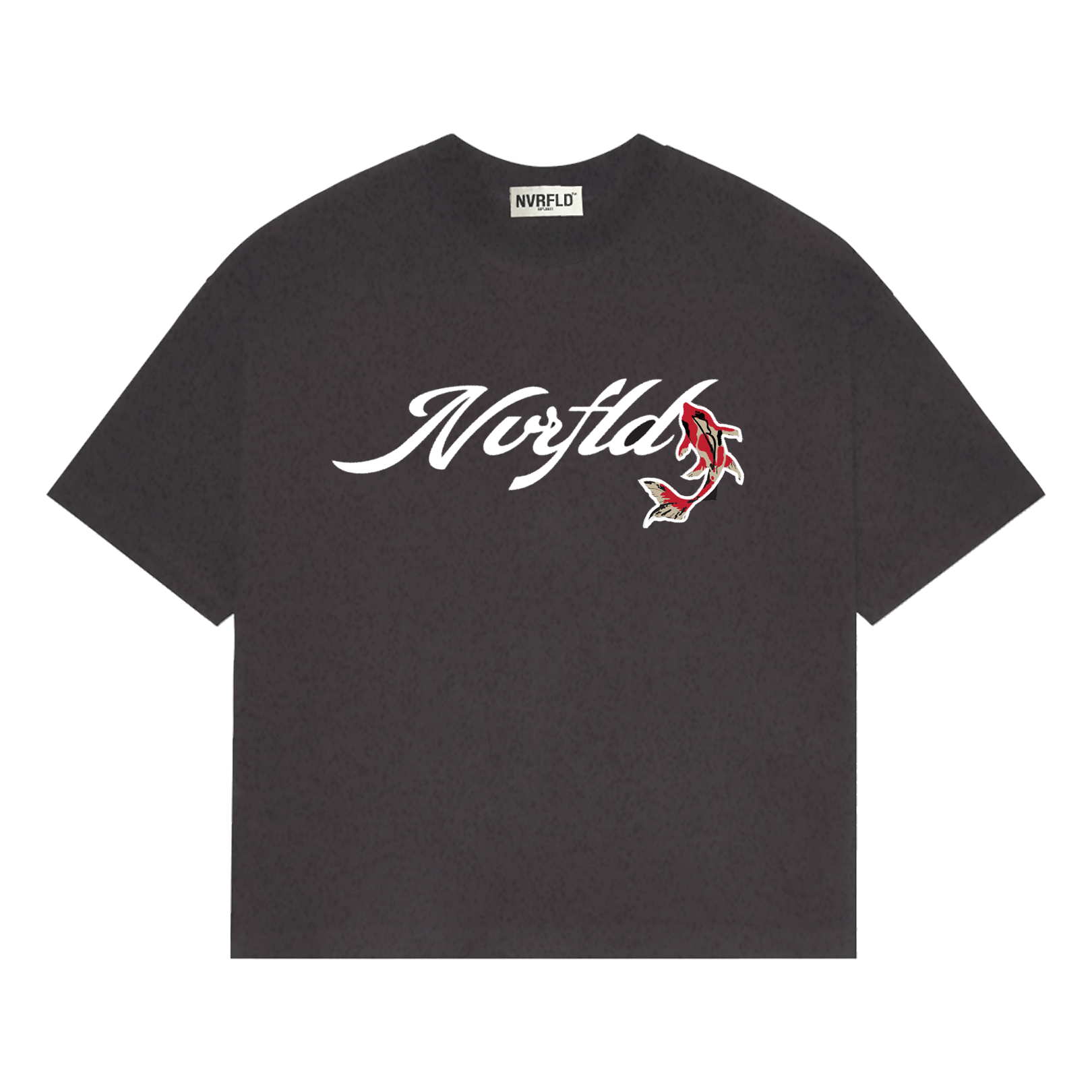 NVRFLD black artistic tee with unique design featuring white script logo and red graphic detail