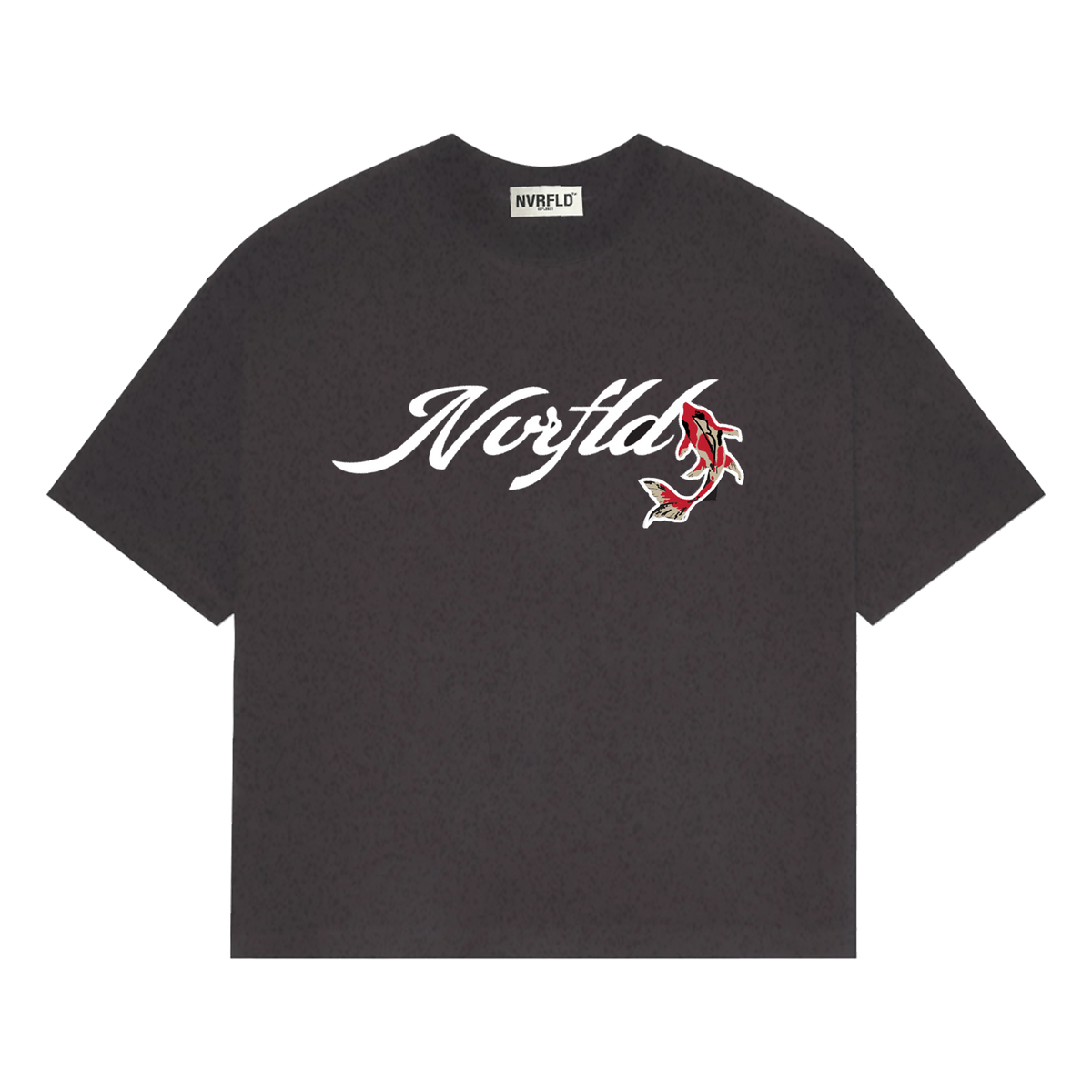 NVRFLD black artistic tee with unique design featuring white script logo and red graphic detail