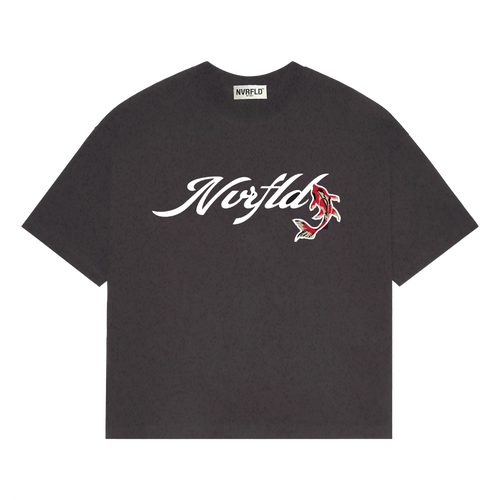 NVRFLD black artistic tee with unique design featuring white script logo and red graphic detail