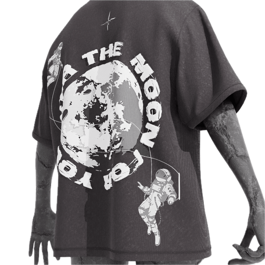 NVRFLD astro graphic tee featuring a moon and astronaut design on a black t-shirt
