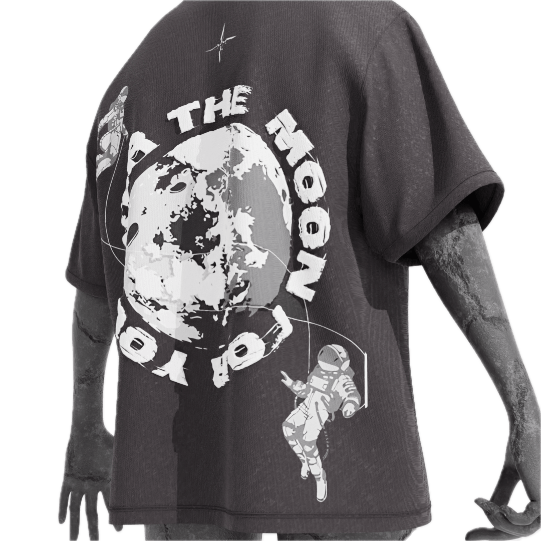 NVRFLD astro graphic tee featuring a moon and astronaut design on a black t-shirt