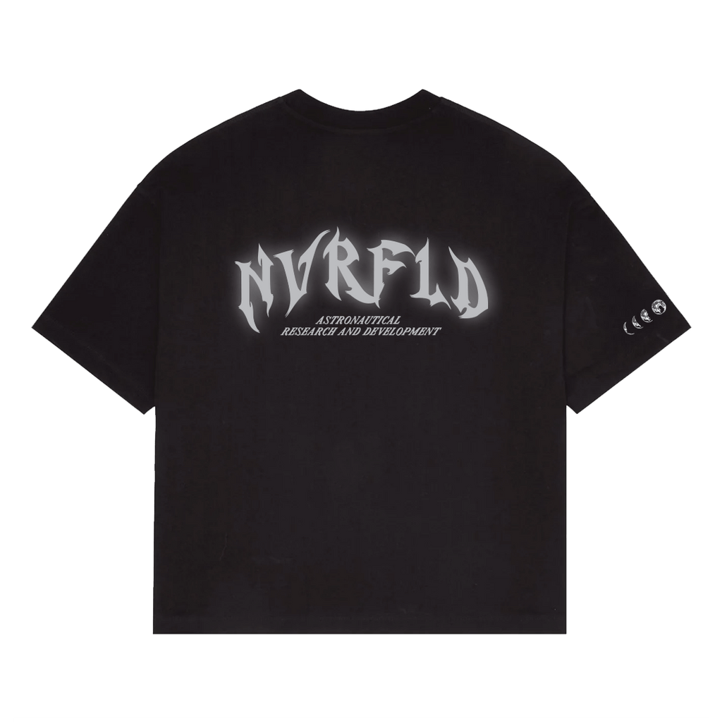 NVRFLD black astro graphic tee with bold logo print and astronavigation design on the back