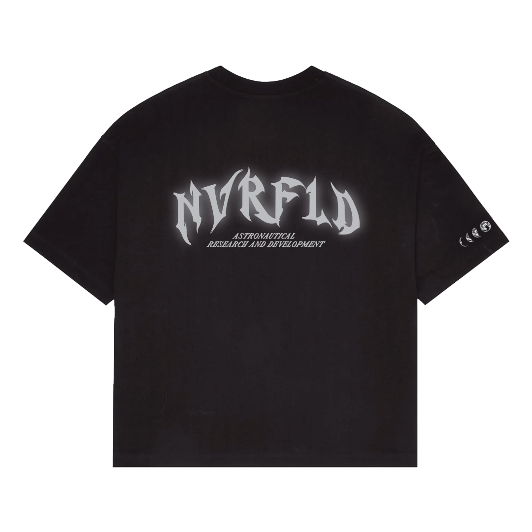NVRFLD black astro graphic tee with bold logo print and astronavigation design on the back