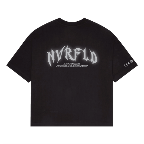 NVRFLD black astro graphic tee with bold logo print and astronavigation design on the back