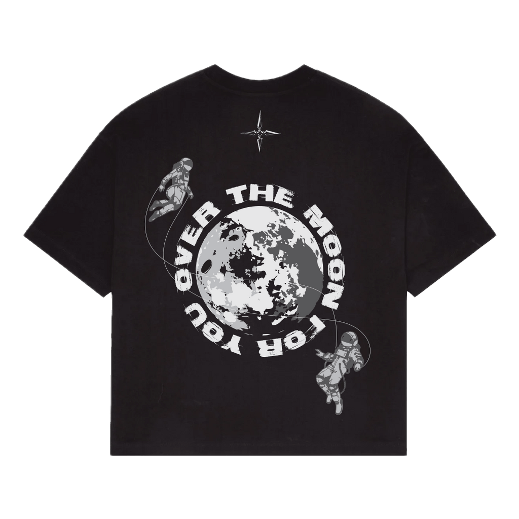 NVRFLD black astro graphic tee featuring moon and two astronauts design on back