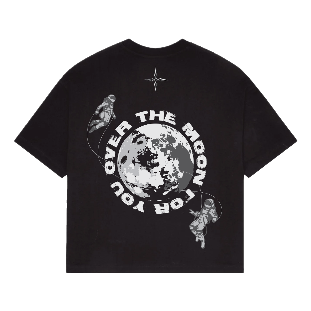 NVRFLD black astro graphic tee featuring moon and two astronauts design on back
