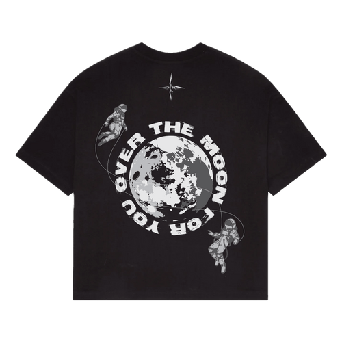 NVRFLD black astro graphic tee featuring moon and two astronauts design on back