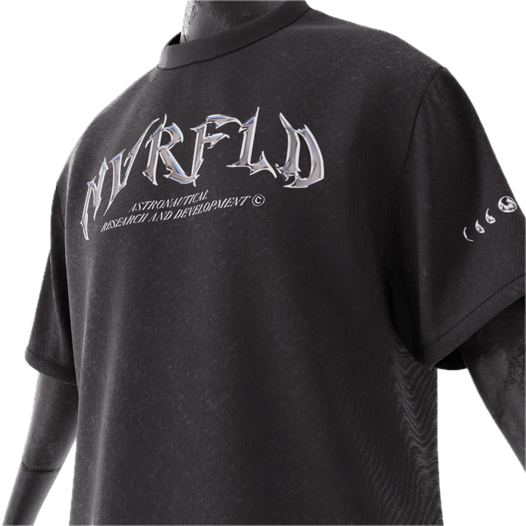 NVRFLD black astro graphic tee with bold logo and text on front and sleeve