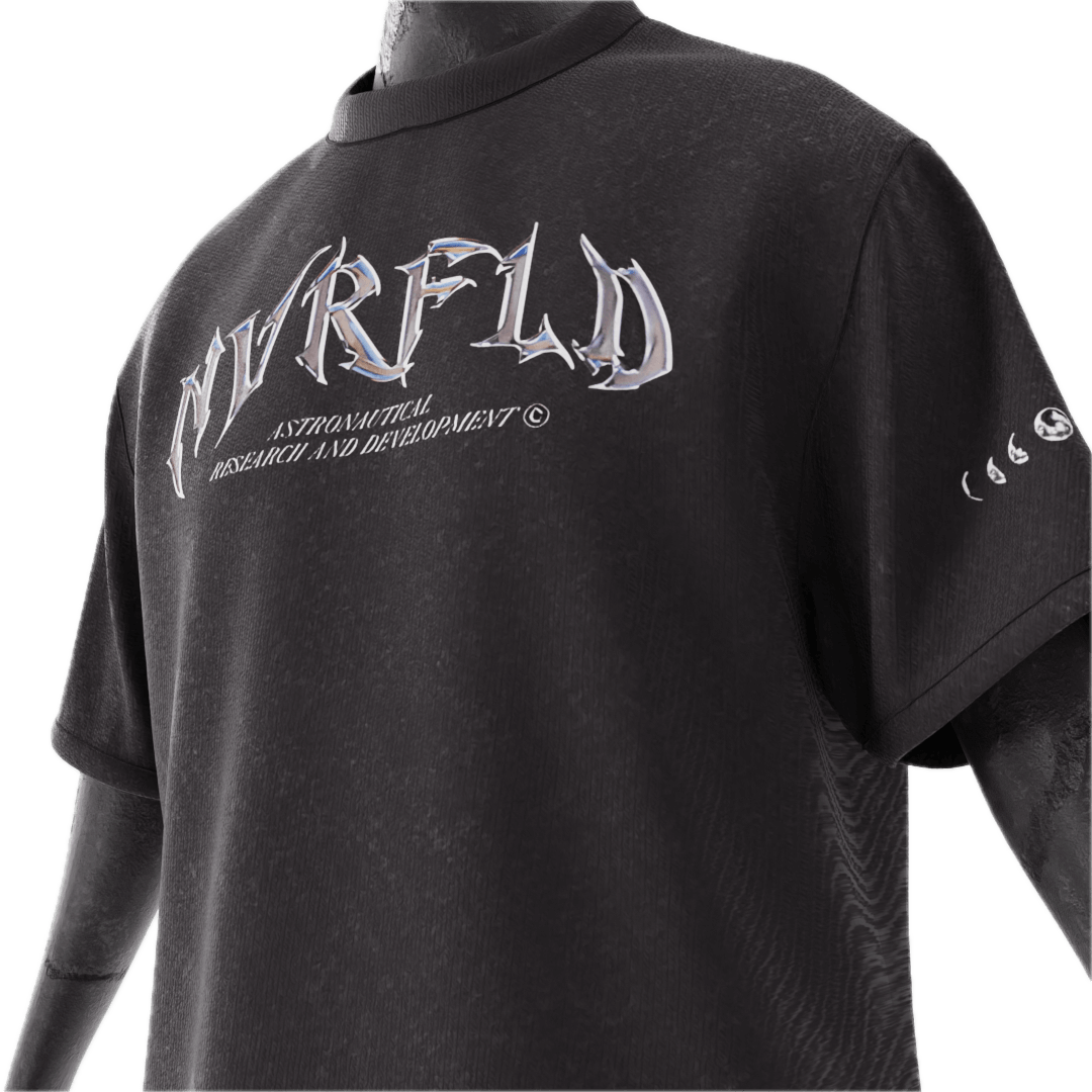 NVRFLD black astro graphic tee with bold logo and text on front and sleeve