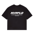 NVRFLD black statement tee with bold white logo and motivational text on the back