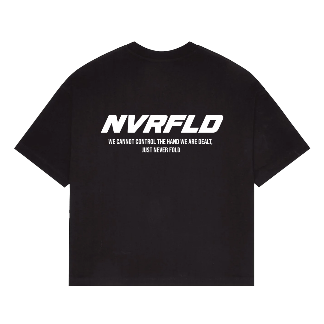 NVRFLD black statement tee with bold white logo and motivational text on the back