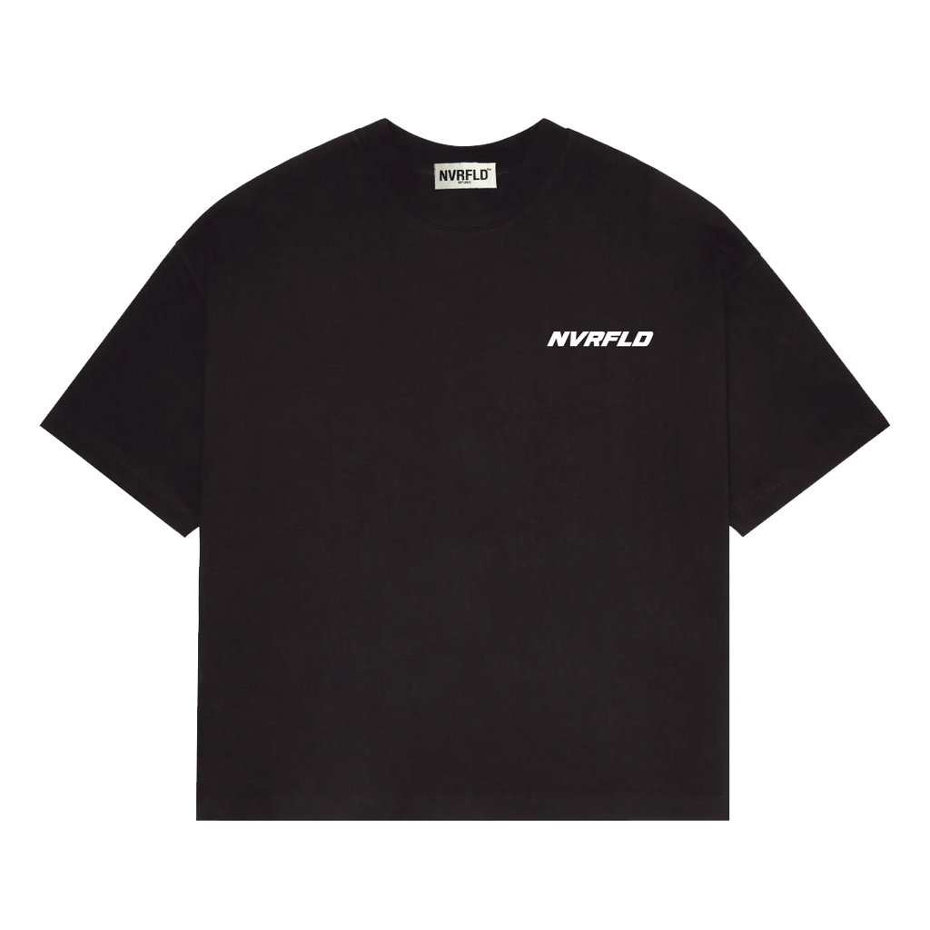 NVRFLD black statement tee with white logo on chest in a classic fit design