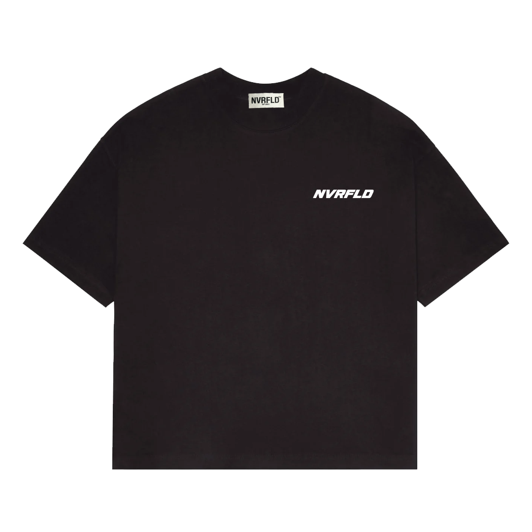 NVRFLD black statement tee with white logo on chest in a classic fit design