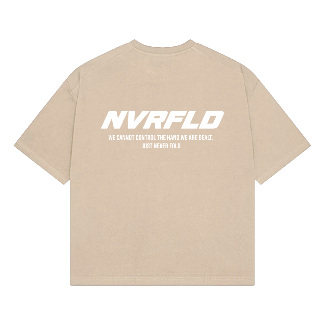 NVRFLD casual cream tee with bold white logo and motivational text on the back