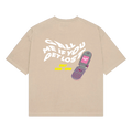 NVRFLD cream statement tee with graphic phone and text Call Me If You Get Lost on back