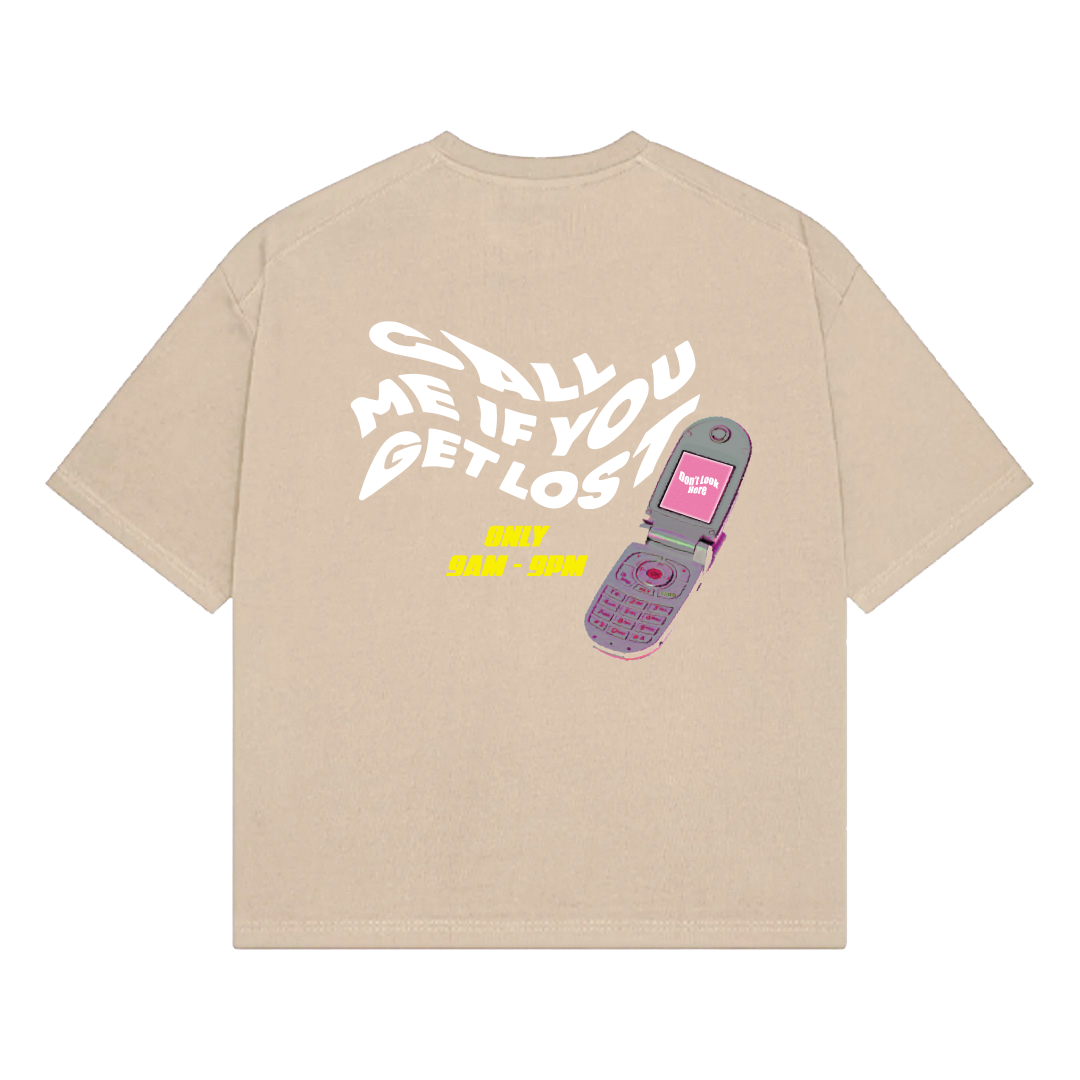 NVRFLD cream statement tee with graphic phone and text Call Me If You Get Lost on back
