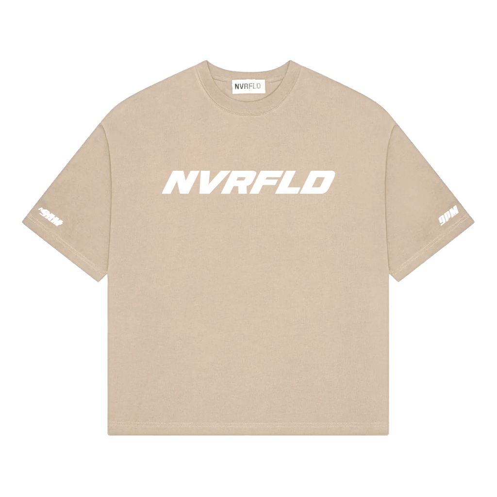 NVRFLD cream statement tee with bold white logo print on front and sleeves