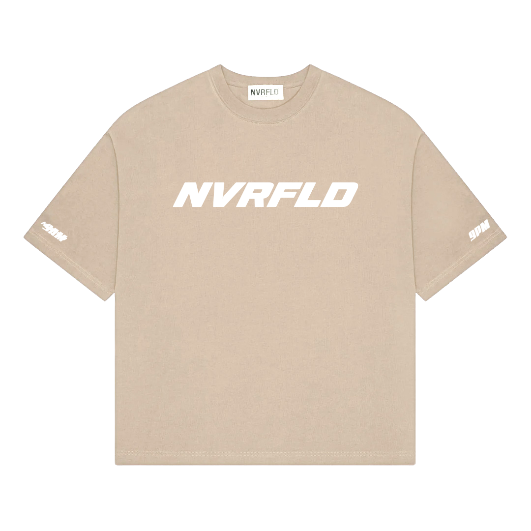 NVRFLD cream statement tee with bold white logo print on front and sleeves