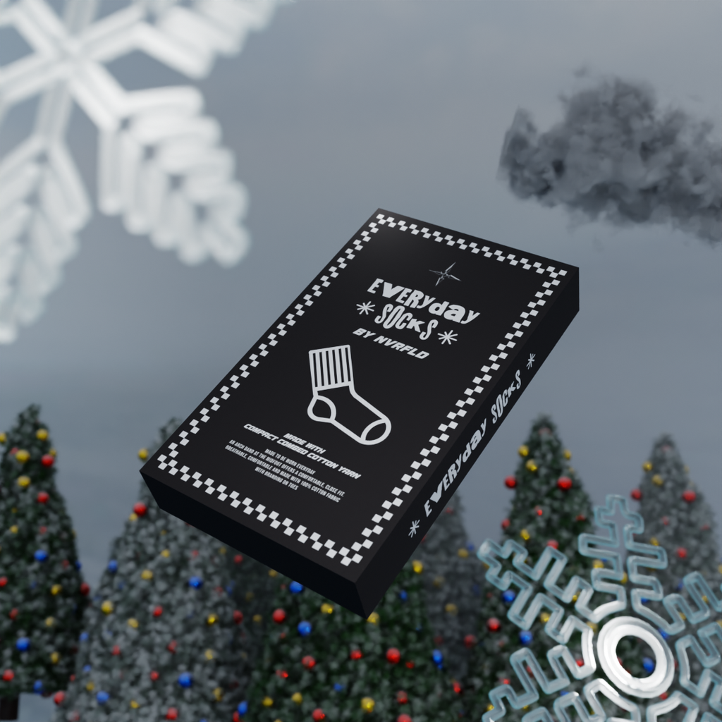 NVRFLD Everyday Socks black box packaging for daily use socks with winter holiday background
