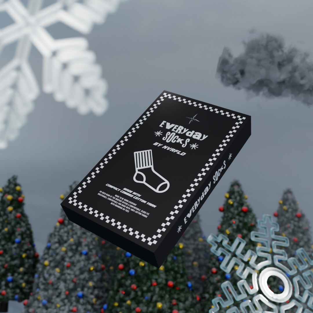 NVRFLD Everyday Socks black box packaging for daily use socks with winter holiday background