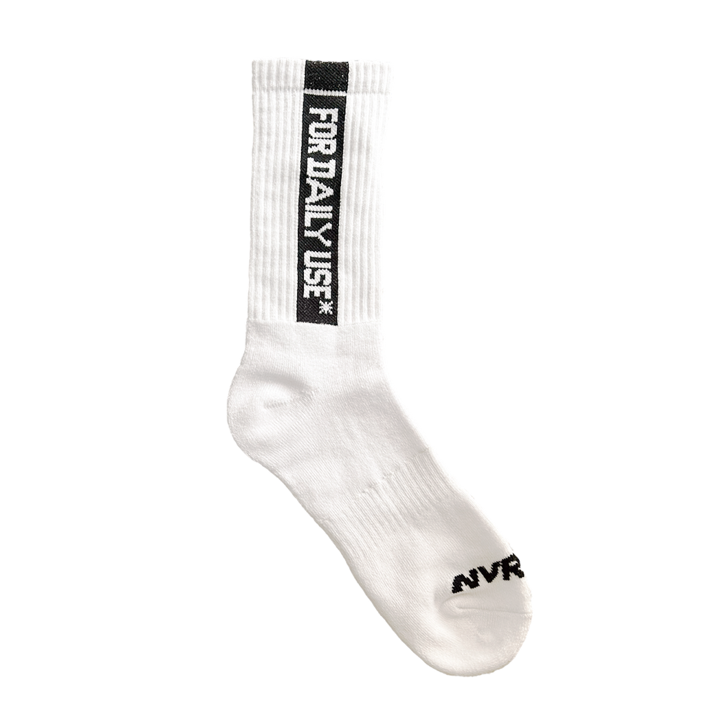 NVRFLD white daily use socks with black vertical text design and ribbed cuff for comfortable wear