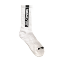 NVRFLD white daily use socks with black vertical text design and ribbed cuff for comfortable wear