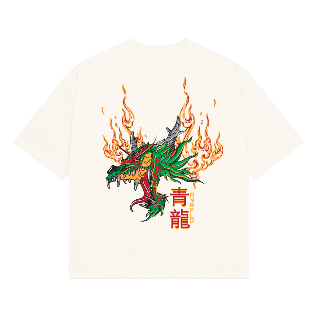 NVRFLD white t-shirt featuring a vibrant dragon graphic tee with flames and colorful design