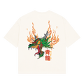 NVRFLD white t-shirt featuring a vibrant dragon graphic tee with flames and colorful design