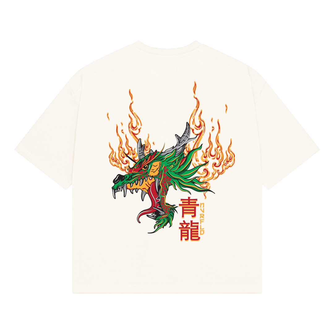 NVRFLD white t-shirt featuring a vibrant dragon graphic tee with flames and colorful design
