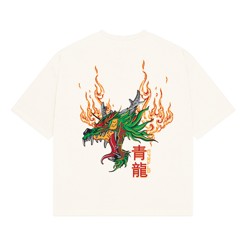 NVRFLD white t-shirt featuring a vibrant dragon graphic tee with flames and colorful design