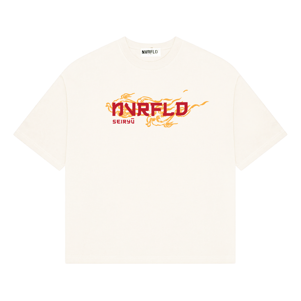 NVRFLD white dragon graphic tee with orange dragon design and red brand logo on front