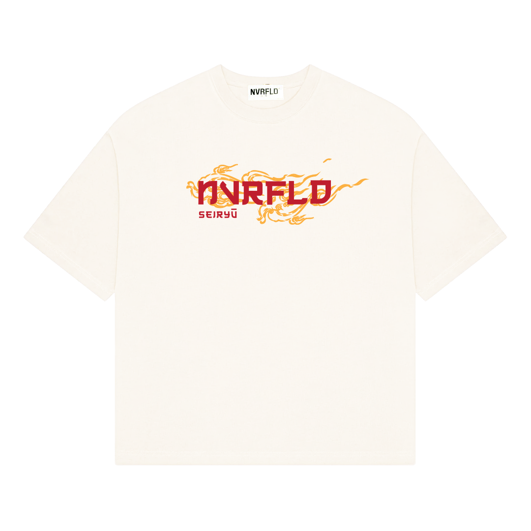 NVRFLD white dragon graphic tee with orange dragon design and red brand logo on front