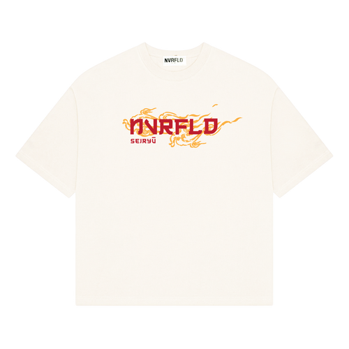NVRFLD white dragon graphic tee with orange dragon design and red brand logo on front