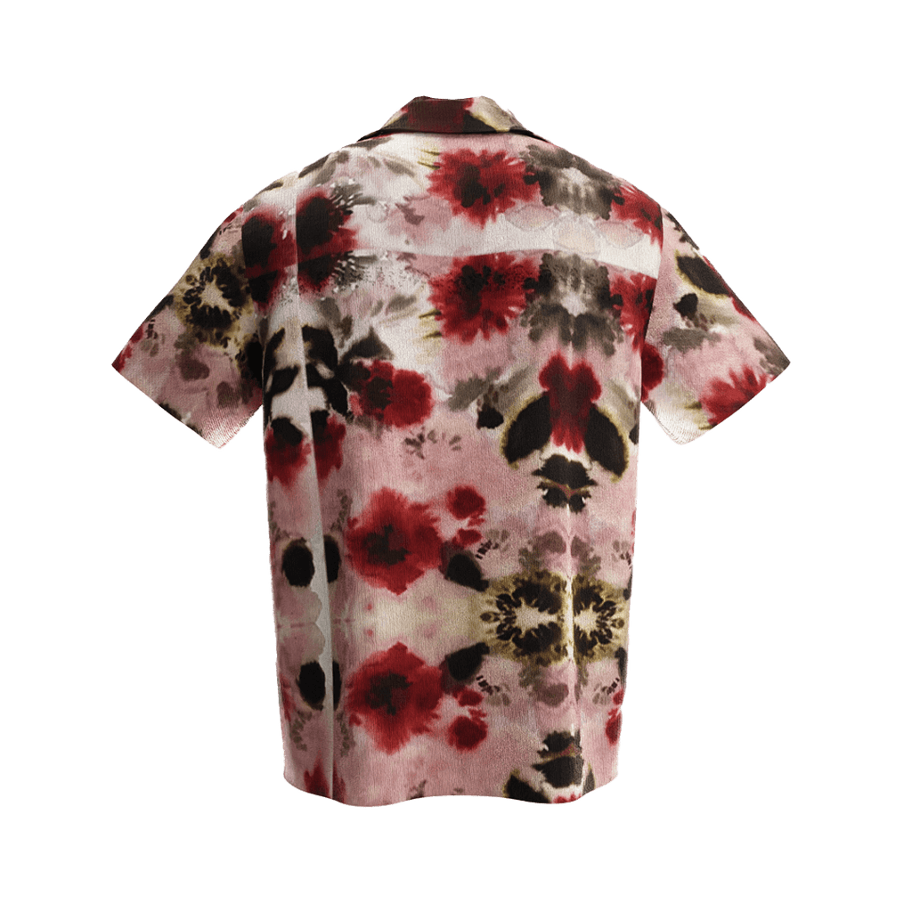 NVRFLD floral statement shirt in red black and beige with short sleeves and collar shown from back