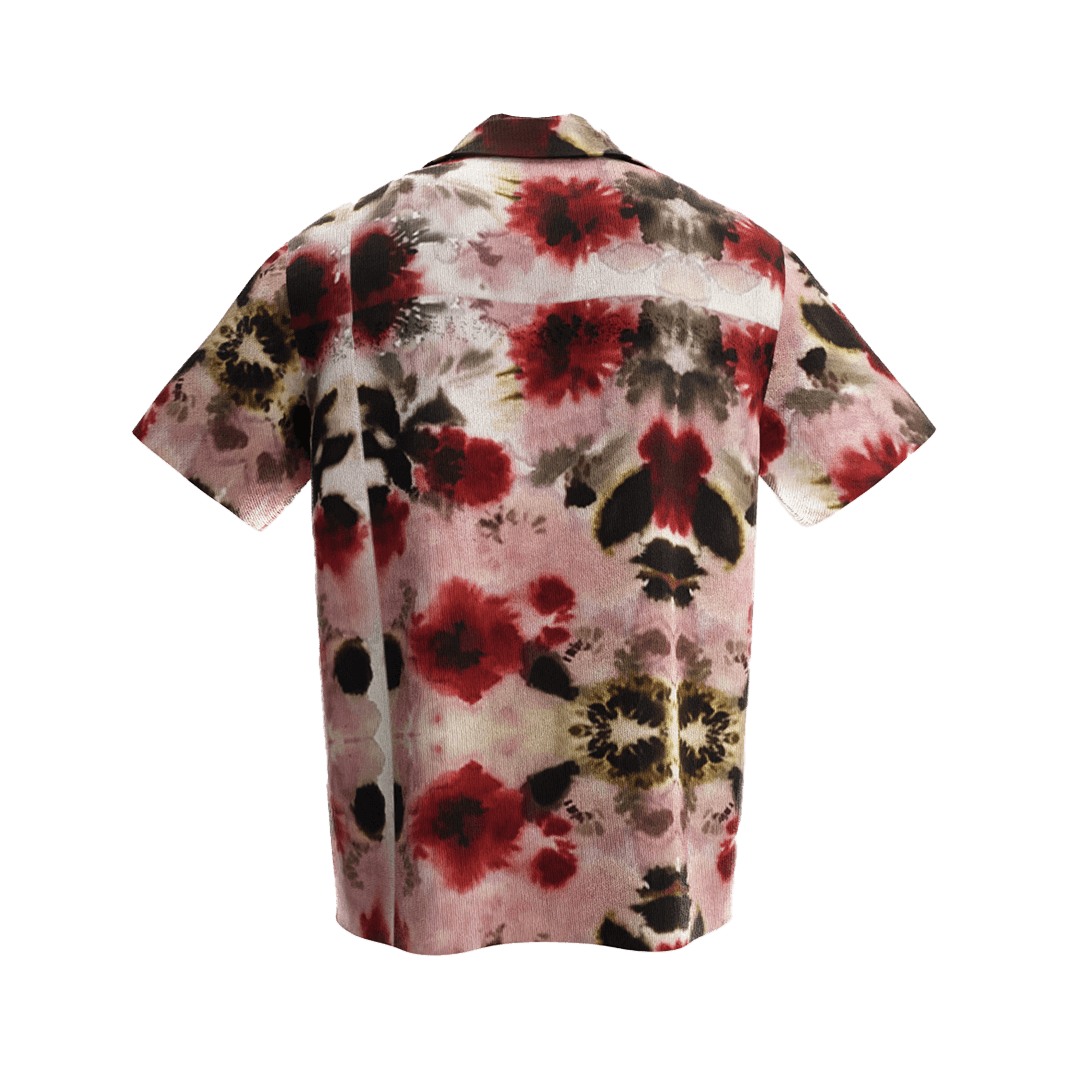 NVRFLD floral statement shirt in red black and beige with short sleeves and collar shown from back