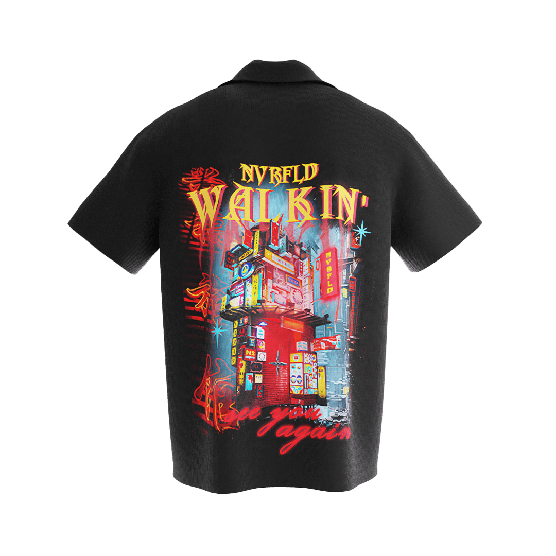NVRFLD black graphic walkin shirt with vibrant neon cityscape and bold colorful lettering on back