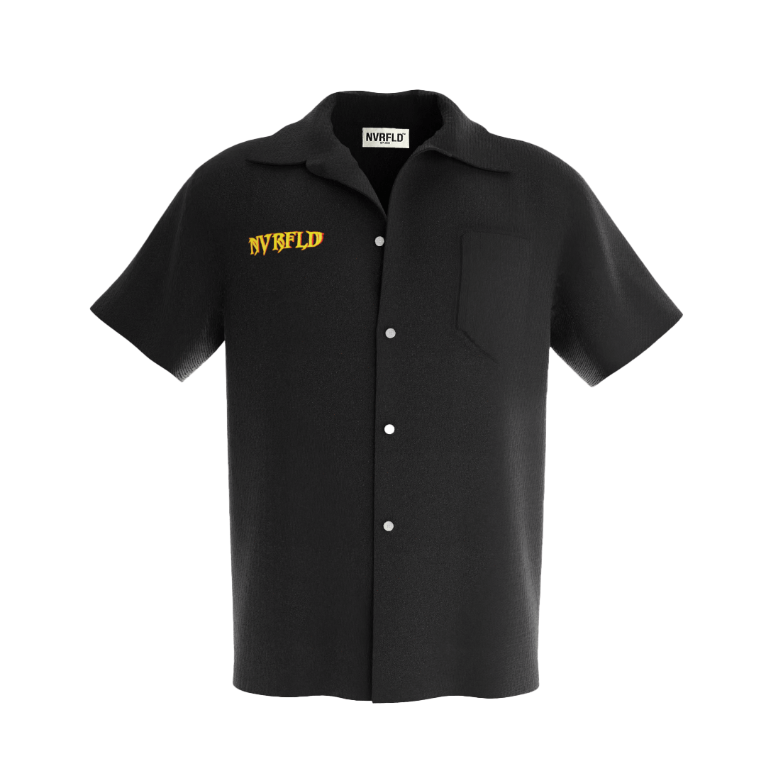 NVRFLD black graphic walkin shirt with short sleeves and front pocket featuring yellow logo