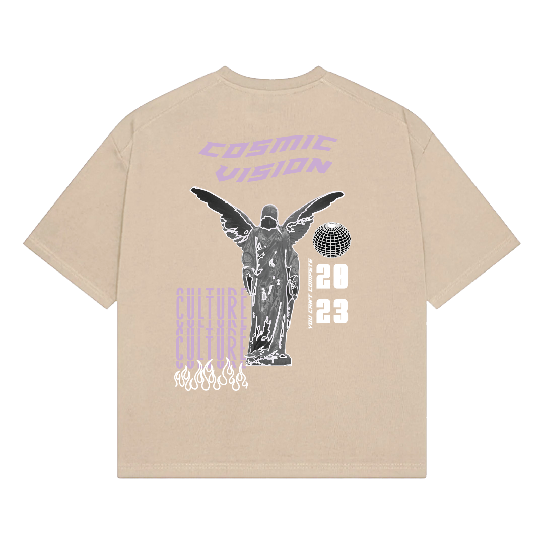 NVRFLD modern graphic tee with beige color and cosmic vision angel wing design on back