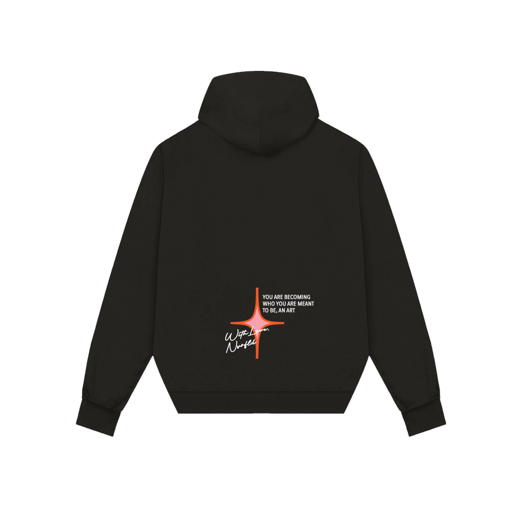 NVRFLD black graphic hoodie with inspirational quote and orange cross design on back
