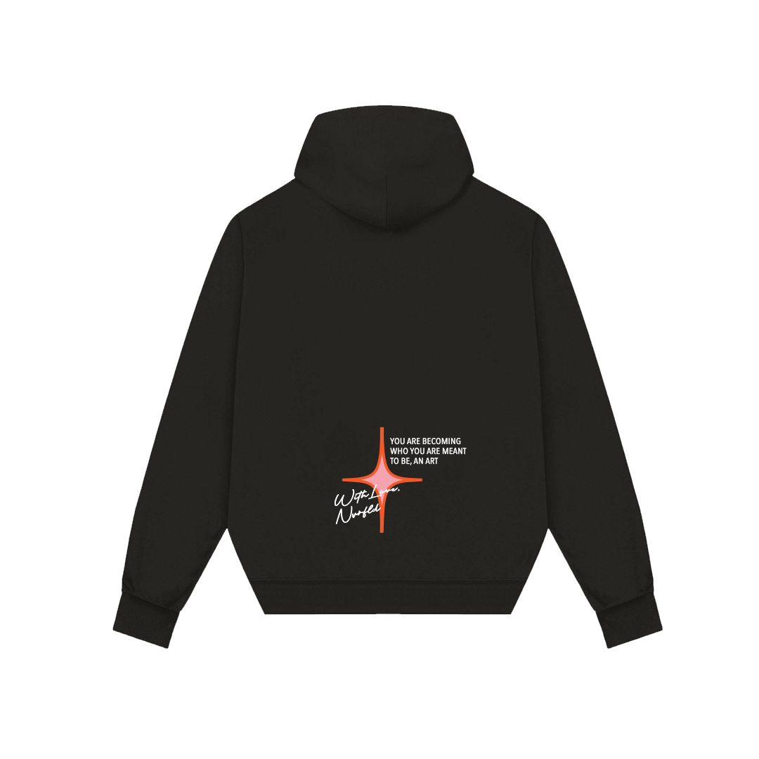 NVRFLD black graphic hoodie with inspirational quote and orange cross design on back