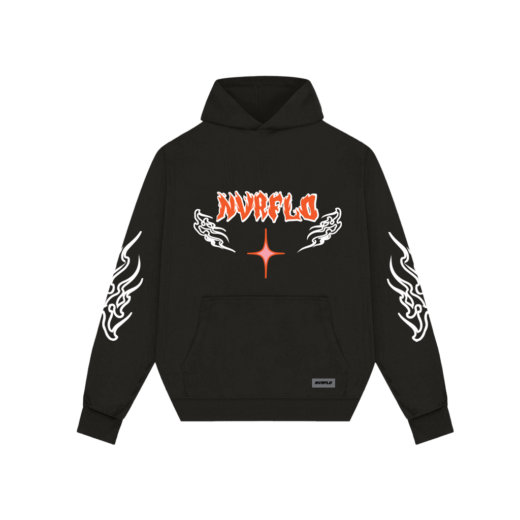 NVRFLD black graphic hoodie with orange logo and white flame designs on sleeves