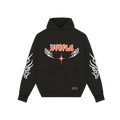 NVRFLD black graphic hoodie with orange logo and white flame designs on sleeves