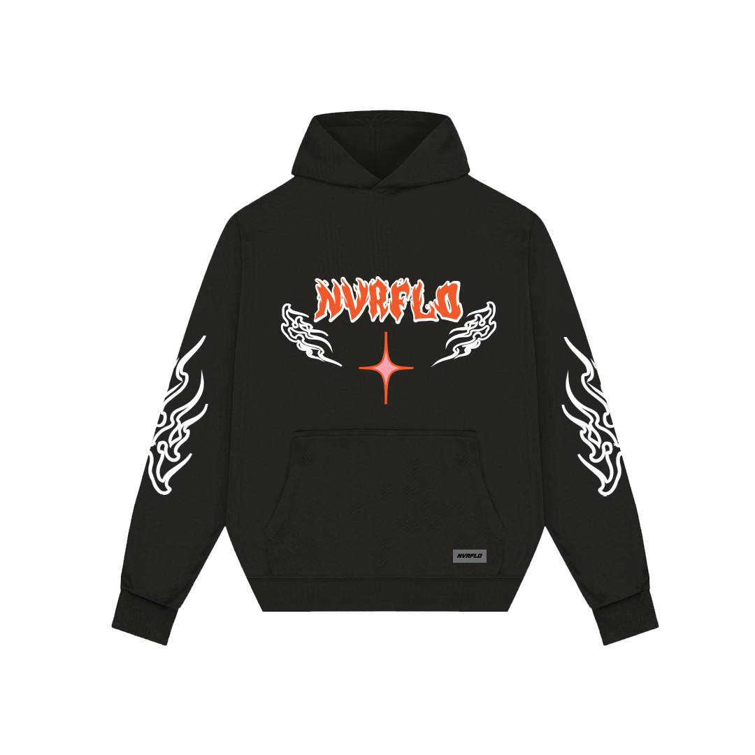 NVRFLD black graphic hoodie with orange logo and white flame designs on sleeves