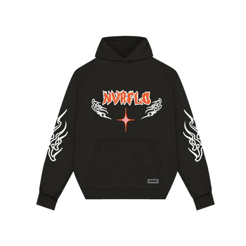 NVRFLD black graphic hoodie with orange logo and white flame designs on sleeves