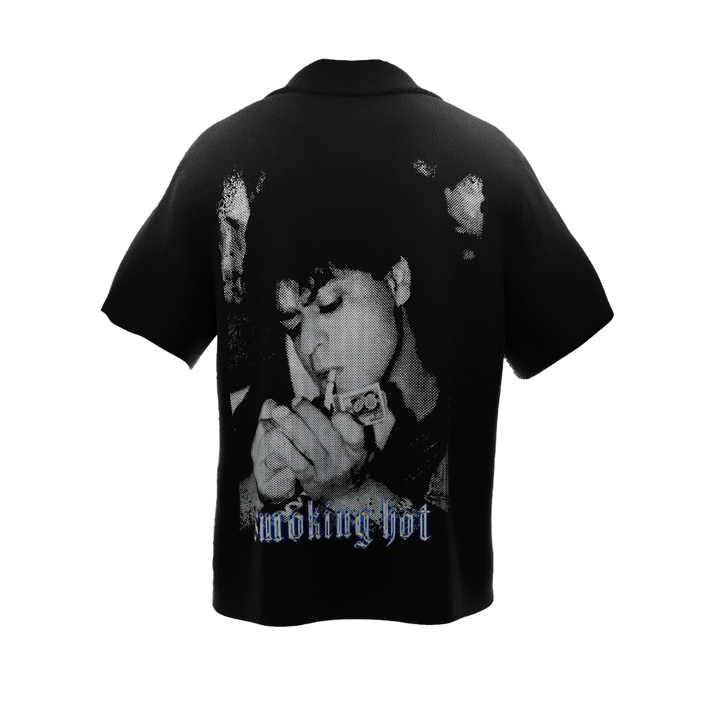 Black shah rukh khan print shirt by NVRFLD featuring a smoking Shah Rukh Khan graphic and working hot text
