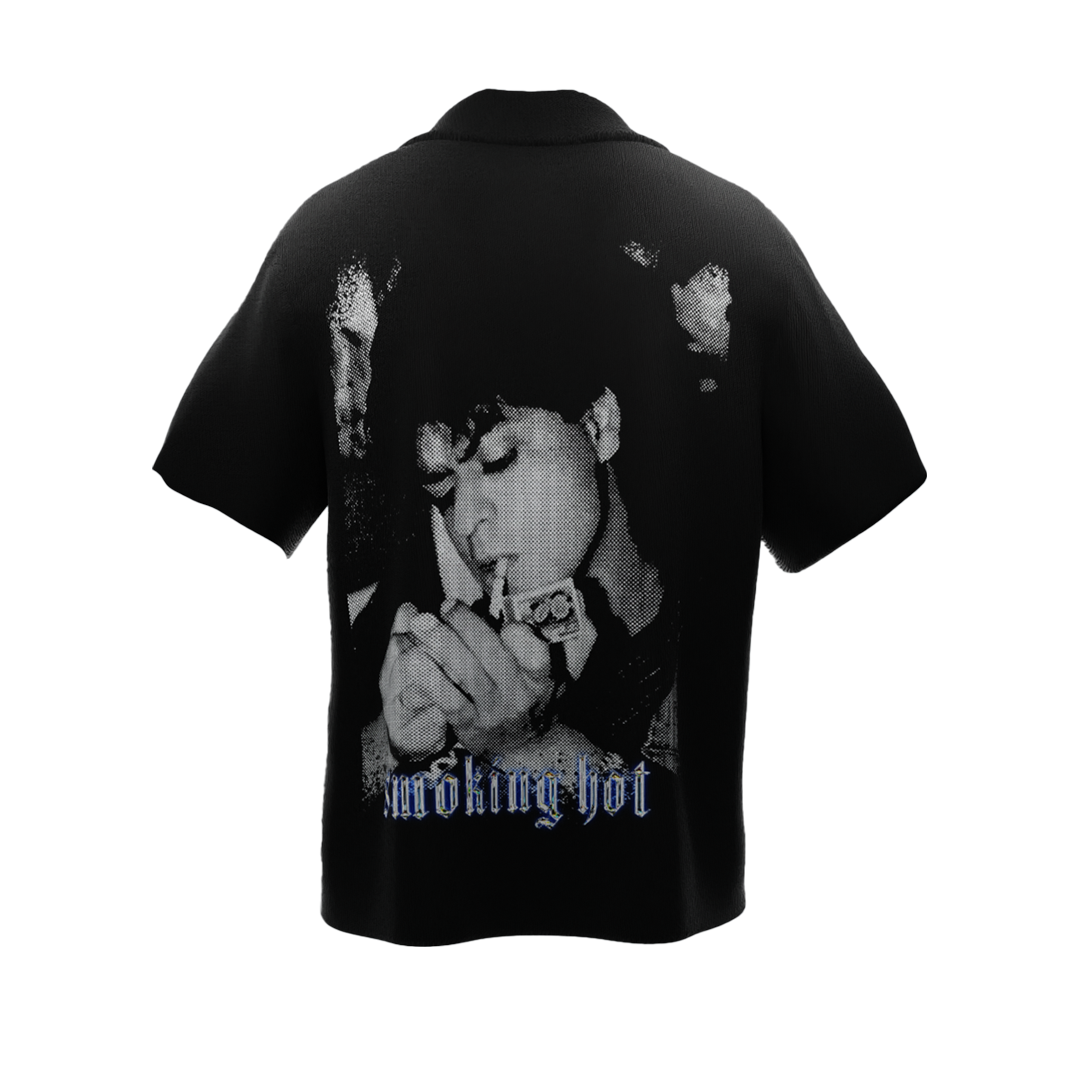 Black shah rukh khan print shirt by NVRFLD featuring a smoking Shah Rukh Khan graphic and working hot text