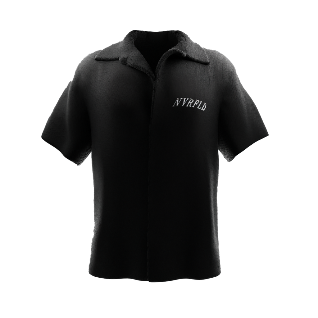 Black NVRFLD short sleeve shirt featuring shah rukh khan print shirt design with collar