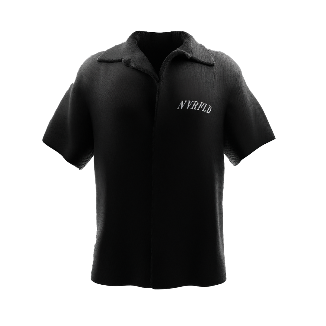 Black NVRFLD short sleeve shirt featuring shah rukh khan print shirt design with collar