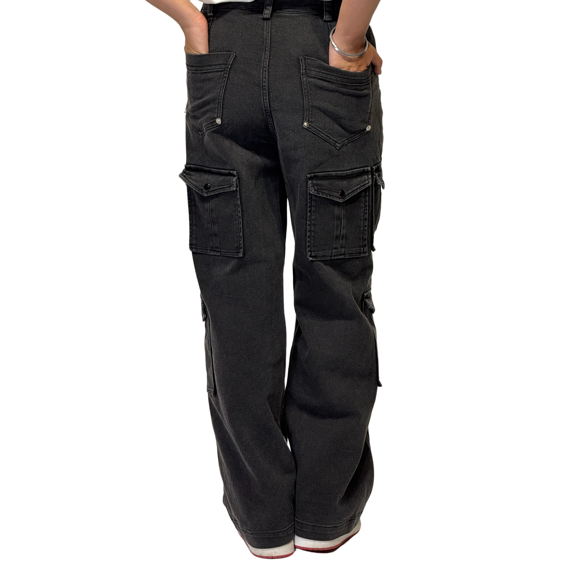 NVRFLD black utility cargo pants with multiple back and side pockets for durable wear